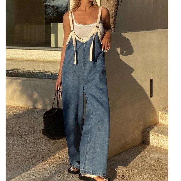 Dark Wash Pockets Straight leg Denim Jeans Bib Overalls - Picture 1 of 6